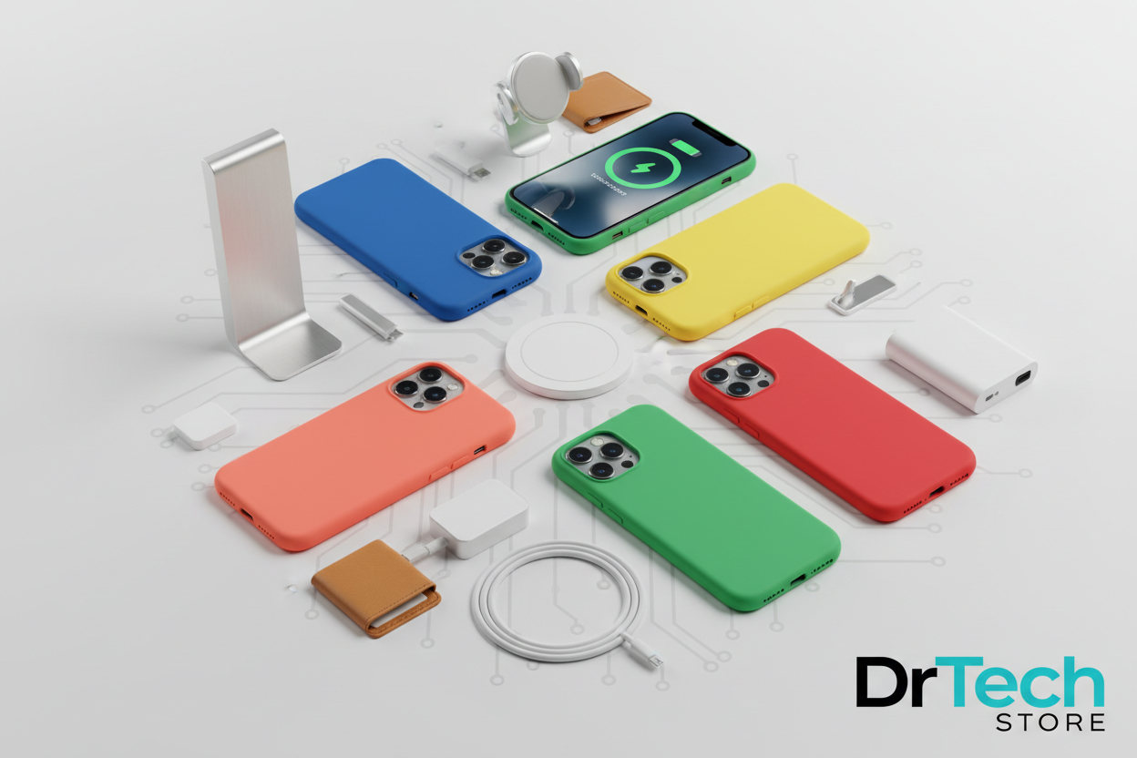 Photo pour les iphone avec des accessoires et des coque magsafe et logo drtech store sur la photo
