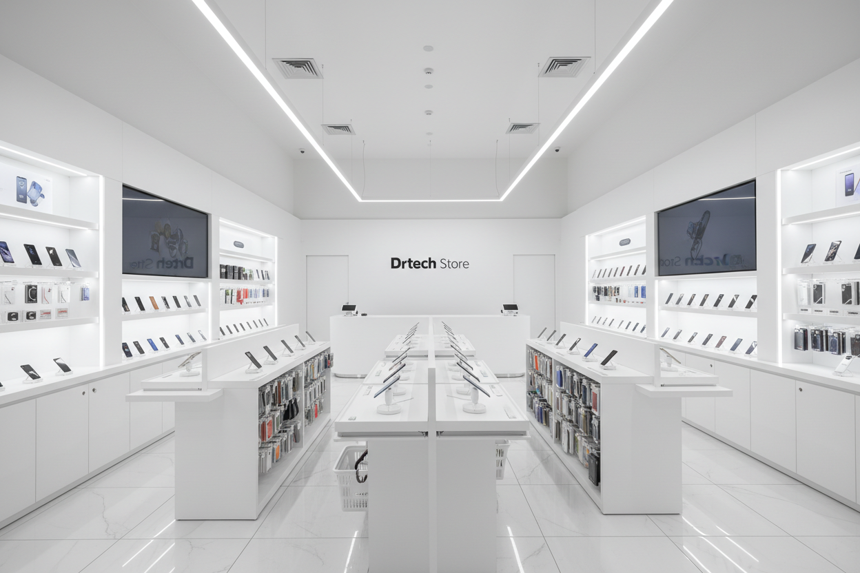 Je veux une photo du magasin de smartphone, accessoires, téléphoniques, Concept de magasin en blanc avec logo en noir Drtech Store
